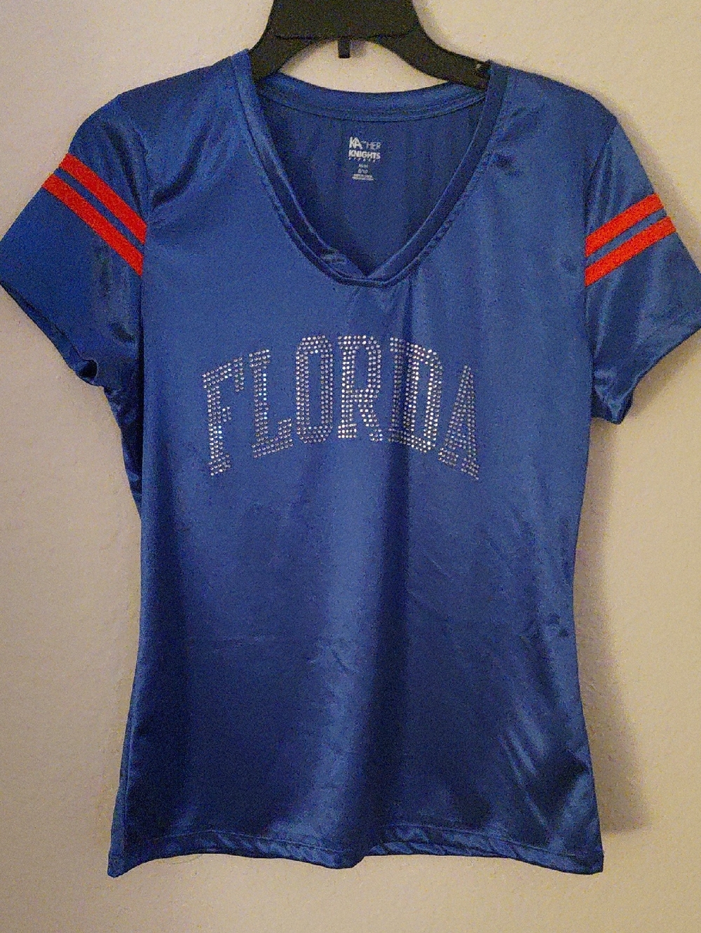 Knights Apparel Blue V-Neck 'Florida' Rhinestone Jersey with Red Sleeve Stripes